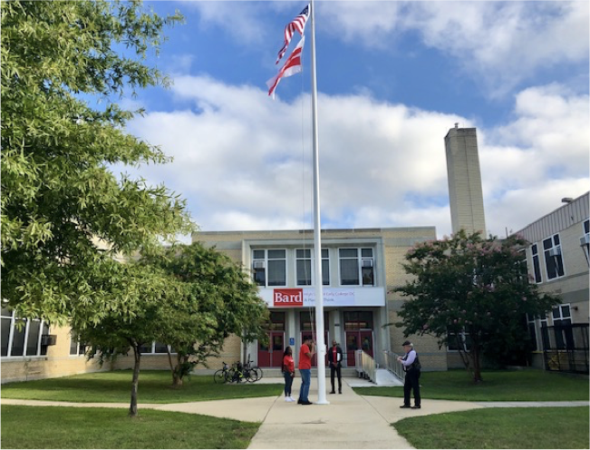 Outside campus with flagpole